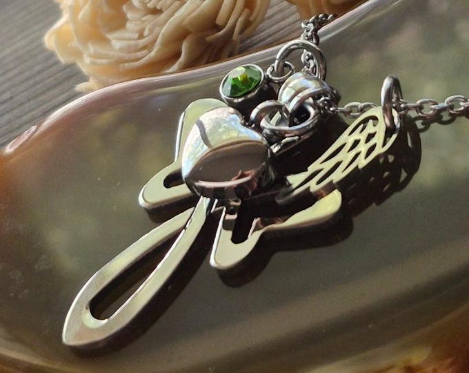 Infinity Angel Urn Pendant with Birthstone Charm : Heart Urn Cremation Jewelry | Keepsake Ashes Charm Necklace | Sympathy Gifts