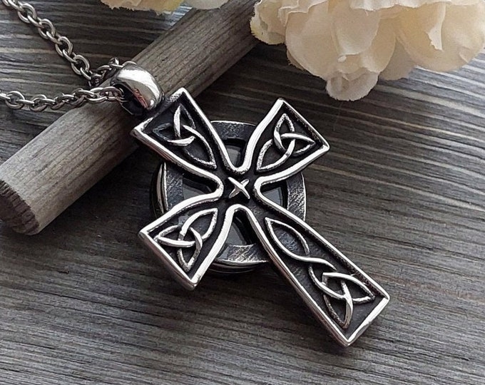 Large Celtic Cross Locket | Urn Necklace  | Cremation Jewelry for Men | Faith, Irish, Viking Memorial Jewelry