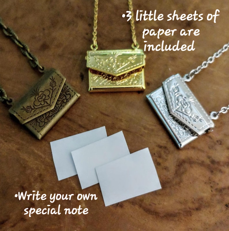 Little Envelope Necklace w/ custom cut paper inside, Love Note Locket, Memorial Keepsake Jewelry, Gifts for Her image 3