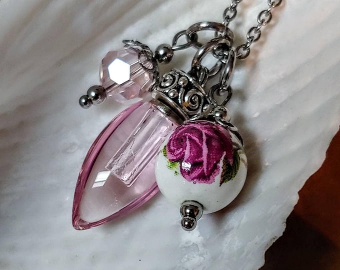 Pink Rose Cremation Urn Necklace, Memorial Ash Keepsake Jewelry