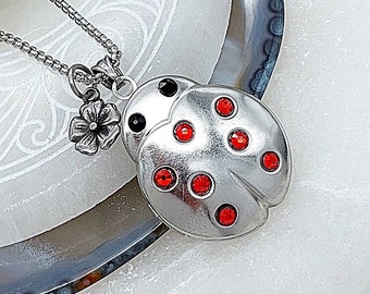 Keepsake Jewelry Crystal Ladybug Beetle Locket for Ash Hair Fur Dried Flowers | Lady bug Ashes Necklace | Cremation Jewelry | Sympathy Gifts