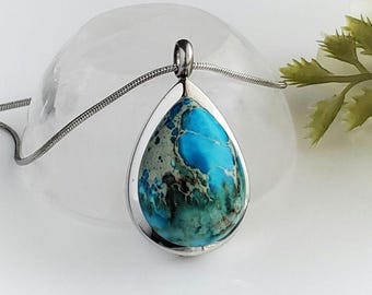Blue Imperial Jasper Teardrop Locket | Urn Necklace for Human Ashes or Pet Cremains | Cremation Jewelry | Keepsake Pendant Gifts for Women