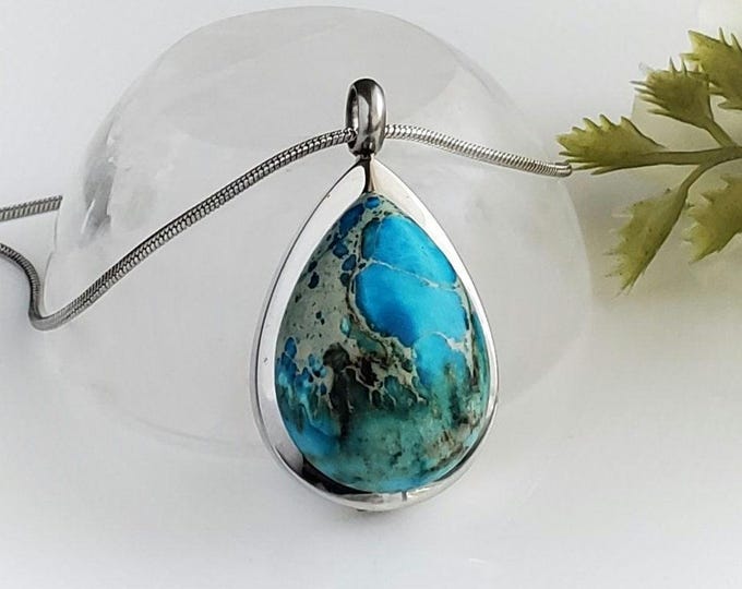 Blue Imperial Jasper Teardrop Locket | Urn Necklace for Human Ashes or Pet Cremains | Cremation Jewelry | Keepsake Pendant Gifts for Women