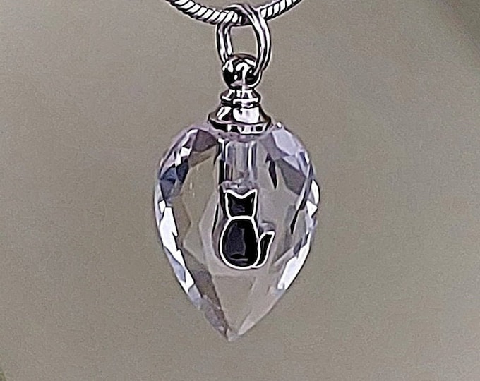 Crystal Cat Urn Necklace, Cat Memorial Jewelry, Crystal Teardrop Cremation Jewelry, Ashes Pendant
