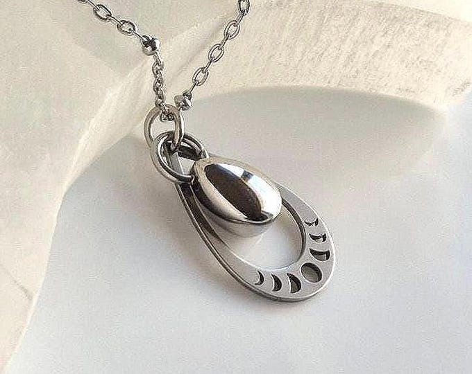 Tiny Tear Ashes Pendant | Moon Phases Urn Necklace, Teardrop Urn Cremation Jewelry, Stainless Steel Mini Ashes Necklace