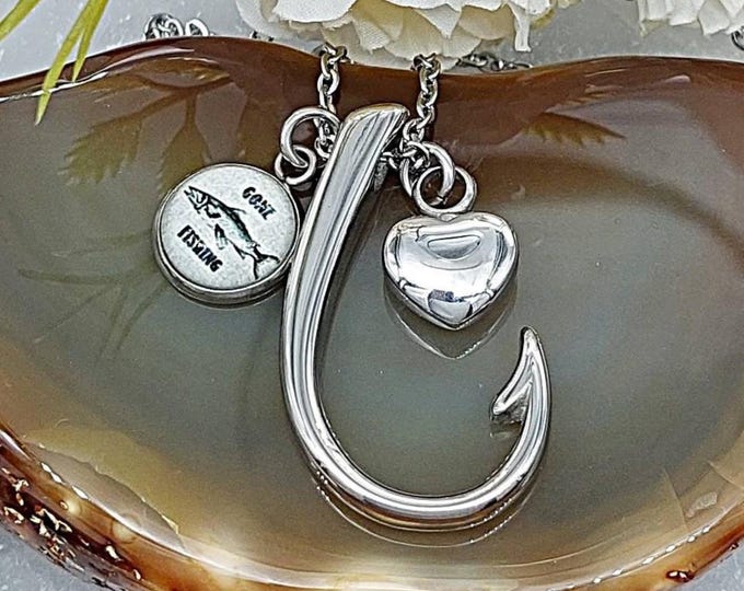 Stainless Steel Fish Hook Urn Necklace for Ashes: Cremation Jewelry | Ashes Pendant | Memorial Keepsakes | Fisherman Memorial Gift