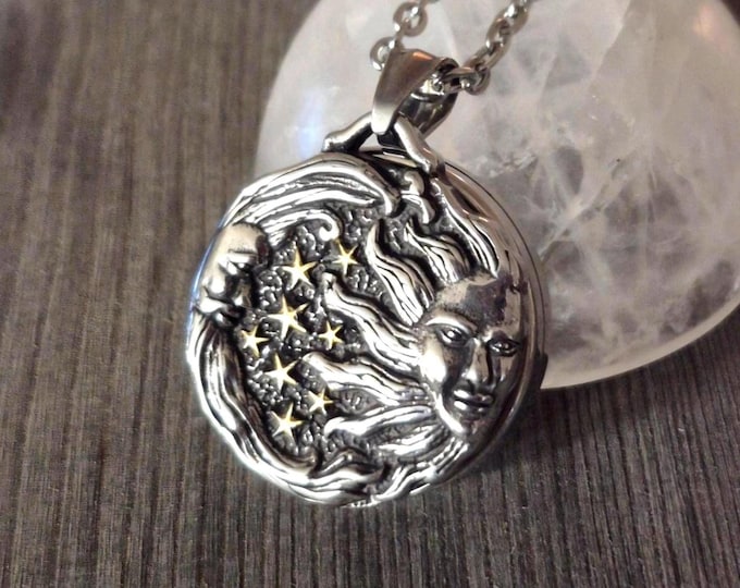 Sun and Moon Locket, Urn Necklace, Pendant for Ash Cremains or Locks of Hair, Stainless Steel Cremation Jewelry, Memorial Ashes Keepsake