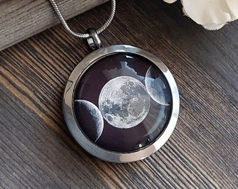 Moon Phases Locket for a Keepsake | Triple Moon Locket | Pendant for Ashes, Hair or Pet Fur | Cremation Jewelry Gifts | Urn Necklace