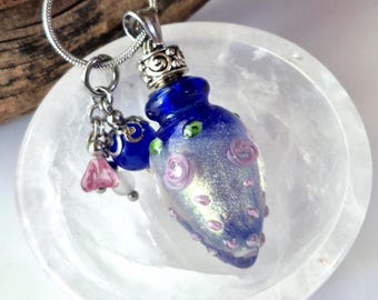 Blue Glass Urn Pendant for Ashes : Memorial Ash Keepsake, Pink Rose Bud Necklace, Cremation Jewellery, Condolence Gifts for Women