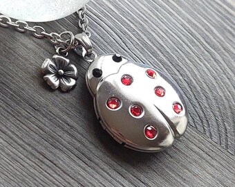 Ladybug Urn Necklace, Stainless Steel Cremation Locket for Ashes, Locks of Hair, Memorial Jewelry