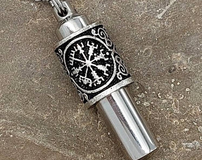 Viking Jewelry | Vegviser Compass Memorial Jewelry Urn Necklace for Men | Keepsake Ashes Jewelry Necklace | Cremation Jewellery Pendant