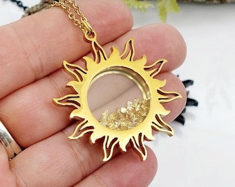 Sun Locket Pendant, Urn Necklace for Ashes, Stainless Steel Cremation Jewelry, Glass Keepsakes