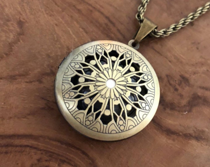 Bronze Mandala Style Round Locket | Cremation Jewelry | Urn Necklace for Ash Urn Jewelry | Memorial Locket | Glass Locket Fillable Jewelry