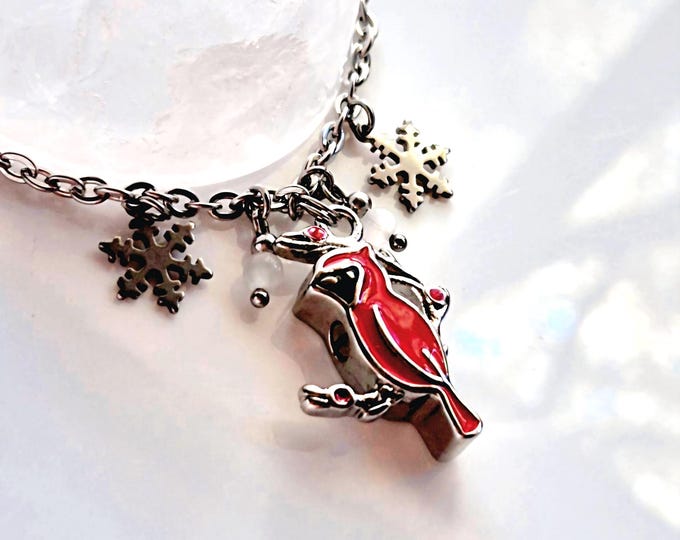 Red Cardinal Cremation Jewelry: Keepsake Ashes Pendant, Christmas Bird Urn Necklace with Snowflake Charms