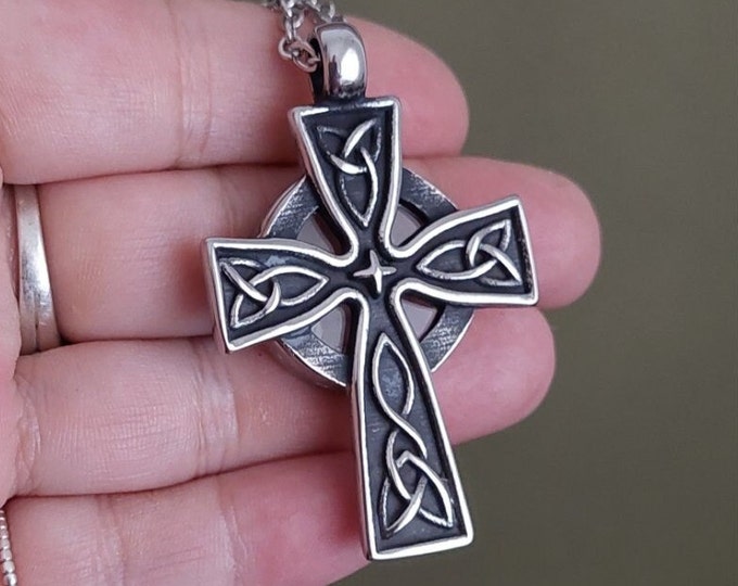 Celtic Cross Keepsake Locket, Urn Necklace  | Triquetra, Faith, Irish, Viking | Memorial Jewelry for Ashes, Lock of Hair | Cremation Jewelry