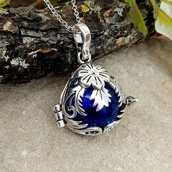 Blue Glass Floral Teardrop Locket Necklace | Cremation Urn Necklace | Urn Pendant | Ashes Keepsake | Memorial Cremation Jewelry | Urn Locket