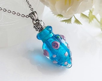Blue Glass Urn Necklace Pendant • Memorial Cremation Jewelry • Urn Jewellery • Pink Rose Cremation Necklace | Ashes Holder | Jewelry Gifts