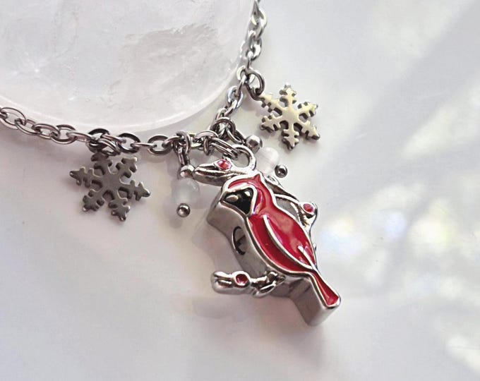 Red Cardinal Cremation Jewelry: Keepsake Ashes Pendant, Christmas Bird Urn Necklace with Snowflake Charms