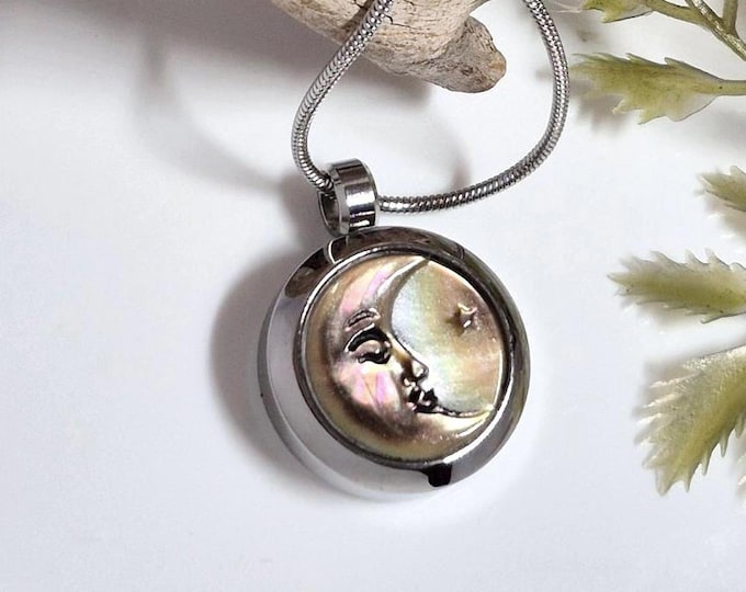 Crescent Moon Locket : Memorial Ashes Necklace | Cremation Urn Jewelry | Celestial Keepsake Gifts | Mother of Pearl and Stainless Steel