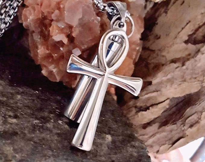 Egyptian Ankh Cross Urn Necklace | Cremation Ashes Jewelry for Men or Women | Memorial, Keepsake, Sympathy Gifts