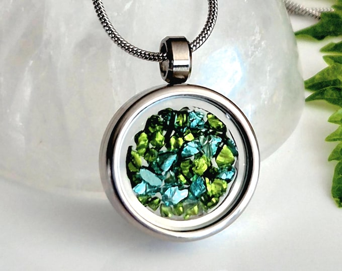 Aqua Blue and Sea Green Glass Keepsake Locket | Memorial Ash Lockets for Ashes, Hair, Pet Fur | Cremation Urn Jewelry |