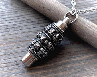 Skull Urn Necklace | Stainless Steel Cremation Urn Jewelry for Men, Ash Cremains Pendants, Memorial Jewellery