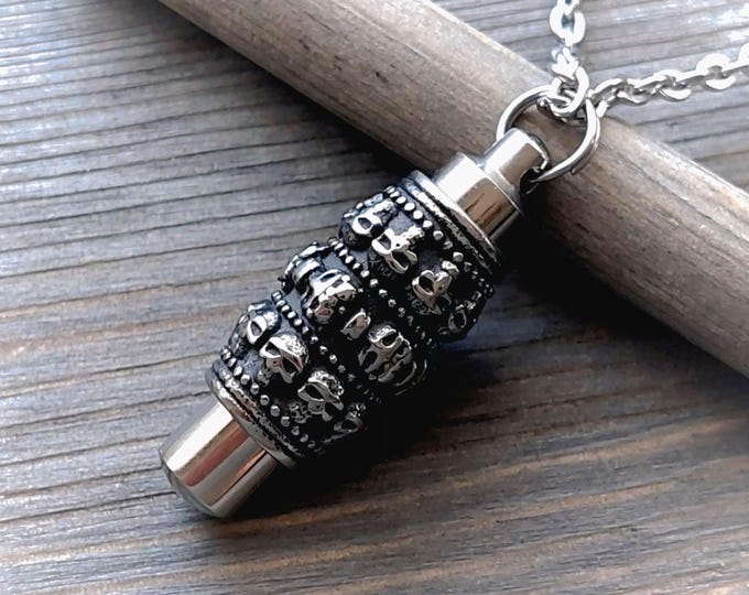 Skull Urn Necklace | Stainless Steel Cremation Urn Jewelry for Men, Ash Cremains Pendants, Memorial Jewellery