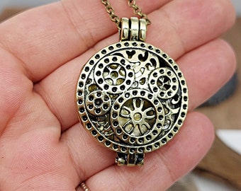 Steampunk Gear Locket, Bronze Fillable Urn Necklace, Memorial Ash Pendant, Cremation Jewelry