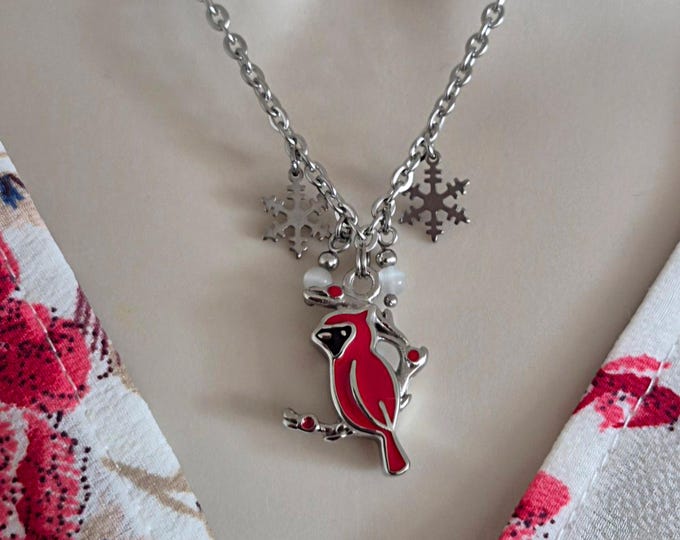 Christmas Bird Keepsake Ashes Pendant with Snowflakes: Cardinal Bird Cremation Jewelry | Memorial Ashes Pendant | Gifts for Her