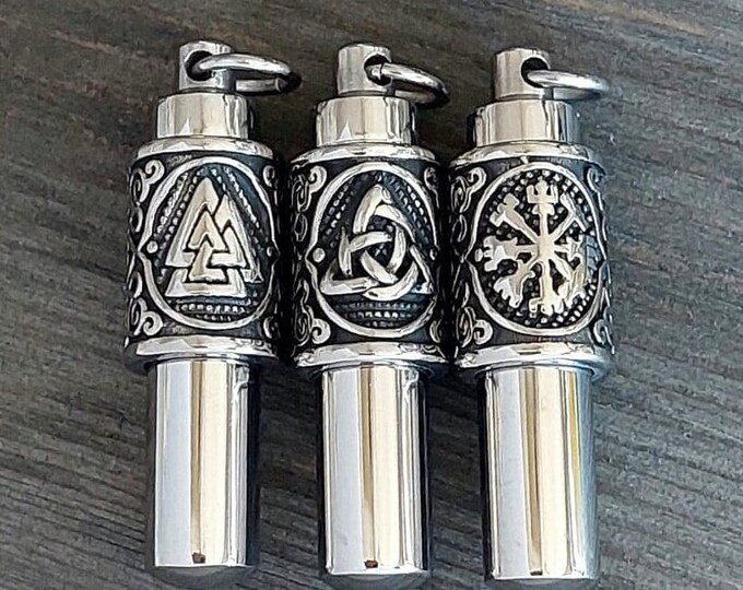 Viking Urn Jewelry for Ashes | Urn Necklace for Men | Vegvisir, Celtic Trinity Knot, Odins Knot Pendant for Cremains | Cremation Jewellery