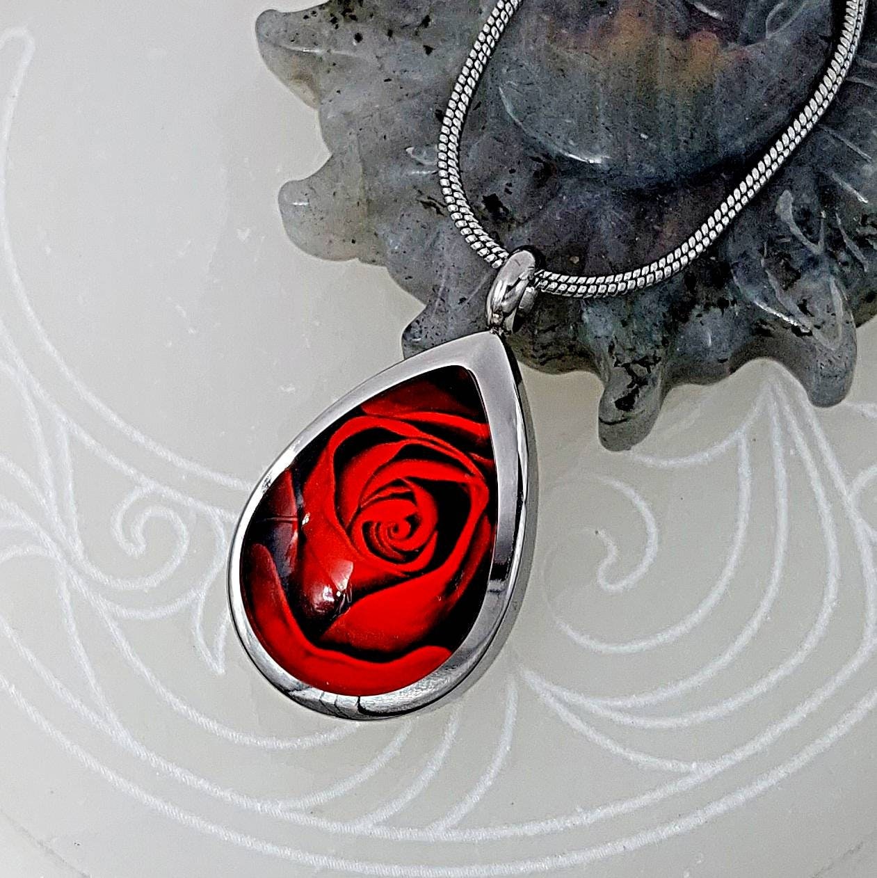 Red Rose Teardrop Urn Locket Necklace 