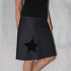 denim Skirt, stretch skirt, star, knee-length skirt, blue skirt, size S - L