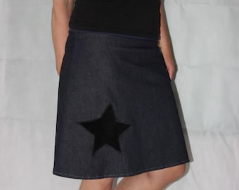 denim Skirt, stretch skirt, star, knee-length skirt, blue skirt, size S - L