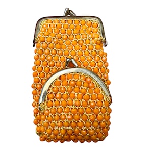 Vintage Orange Beaded Coin Purse with Double Kiss-Lock Compartments – 1960s Mod Retro Accessory