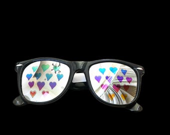 NOS Black Wayfarer Mirror Sunglasses with Multicolored Hearts