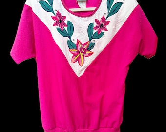 Vintage 1980s Susan Christopher California Fuchsia Floral Embellished Top – Bold Retro Cotton Shirt