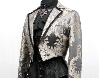 HARLEQUIN TAILCOAT - Charcoal Grey Satin Brocade
