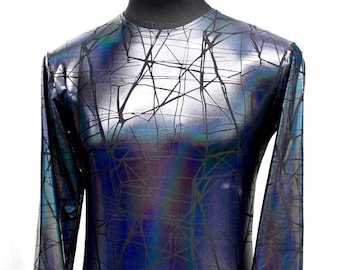 May include: A long-sleeve shirt with a crew neckline, featuring a metallic, iridescent finish that shifts between blue, purple, and silver tones. The fabric is overlaid with a black, angular, web-like geometric pattern across the entire surface.