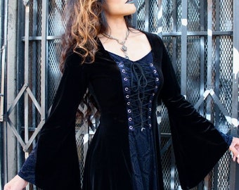 DRAGONLADY DRESS - Black Velvet with Blue Velvet contrast