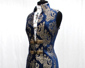 NECROMANTIC COAT/VEST - Blue with Gold Fleur de Lis Velvet Brocade *** XXXl only ***