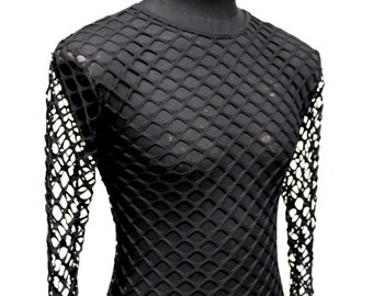 Men's Long Sleeve T-shirt - Big Black Stretch Fishnet