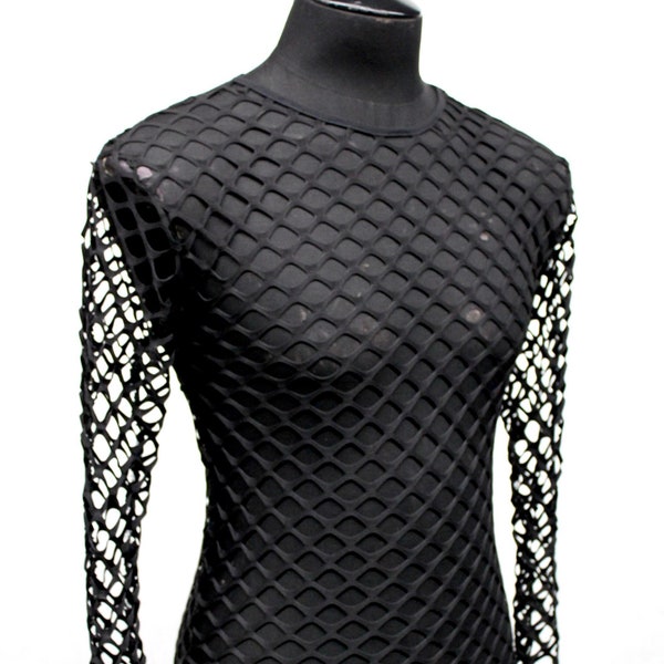 Men's Long Sleeve T-shirt - Big Black Stretch Fishnet