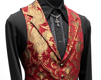 May include: A red and gold brocade vest with a shawl collar and button closure. The vest has a paisley pattern and is made of a luxurious fabric.