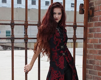 NECROMANTIC COAT/VEST - Red on Black Velvet Brocade