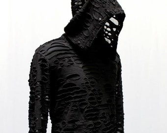 Men's Long Sleeve Oversized Hoodie T-Shirt - Black Decayed Fabric