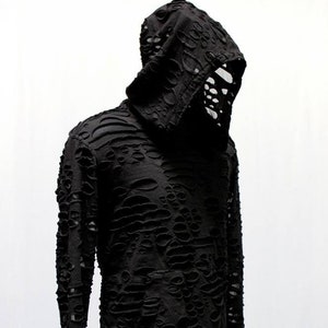 Men's Long Sleeve Oversized Hoodie T-Shirt - Black Decayed Fabric