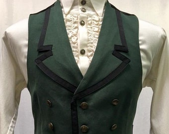 May include: A dark green vest with black trim and brass buttons. The vest has a double-breasted closure and a pocket on the left side.