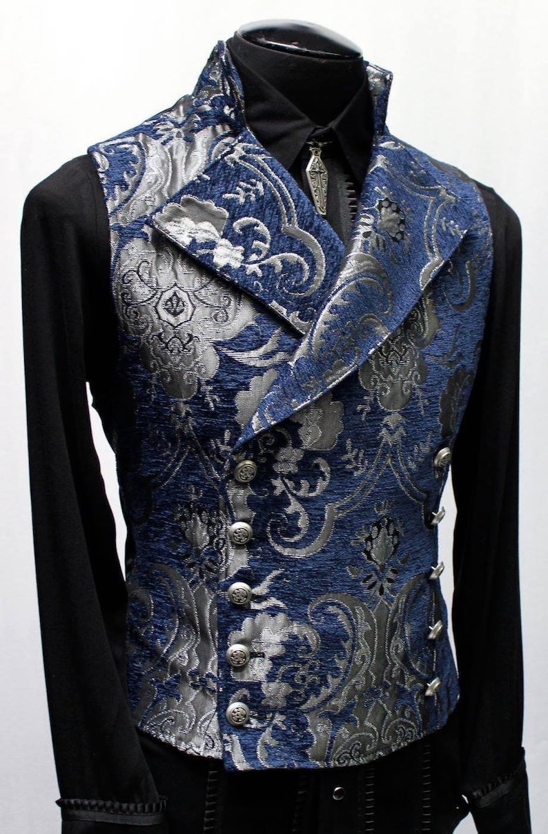 Men’s Steampunk Vests, Waistcoats, Corsets CAVALIER VEST - Silver/Blue Tapestry  AT vintagedancer.com