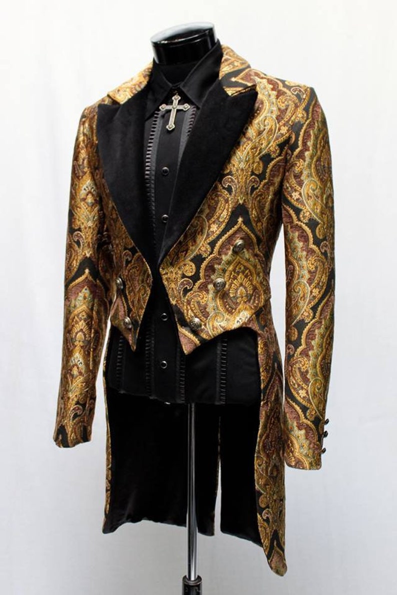 Men’s Steampunk Clothing, Costumes, Fashion VICTORIAN TAILCOAT - Gold Carnival Brocade $369.00 AT vintagedancer.com