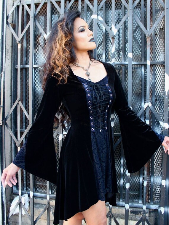 DRAGONLADY DRESS Black Velvet With Blue Velvet Contrast Etsy